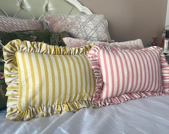 Cotton Striped Lumbar Pillow 14 x 9 Pink or Yellow Stripes