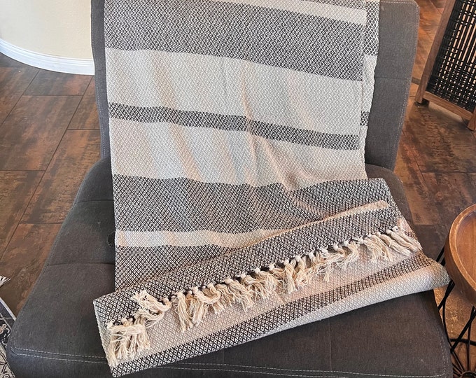 Ultra soft, recycled, cotton, gray and beige striped throw with fringe 50 x 60 “