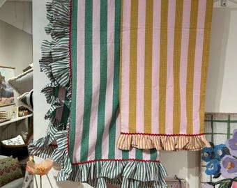 Woven cotton striped pink and sand colored  table runner with ruffle & ric rac trim