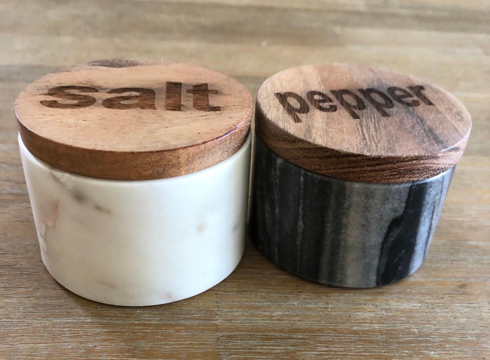 2 1/2 inch round marble salt and pepper Potts with wood lid Etsy