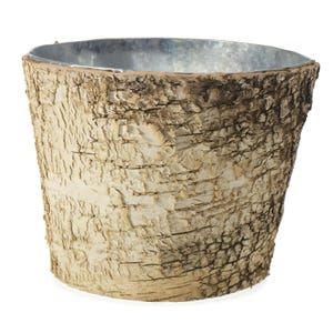 May include: A white planter pot with a bark-like texture. The pot is made of a durable material and has a rustic look.