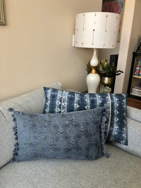 Blue Cotton Chenille Lumbar Pillow With Tassels and Embroidery 20x 12 Etsy UK