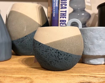 Sand  finished blue, tan and beige geometric pot  5 1/2” D x 4 3/4 H