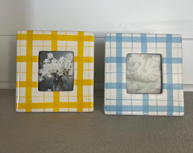 Square 6" handpainted ceramic square frame with plaid pattern, holds a 3"x 3" image. Hangs and sits.