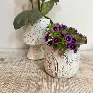 May include: A white ceramic planter with a black speckled pattern containing a green plant, positioned behind a white ceramic pot featuring a raised botanical leaf texture and filled with small, vibrant purple flowers with dark centers.