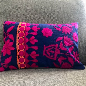 Blue and hot pink floral embroidered mini boho pillow 14" x 9"