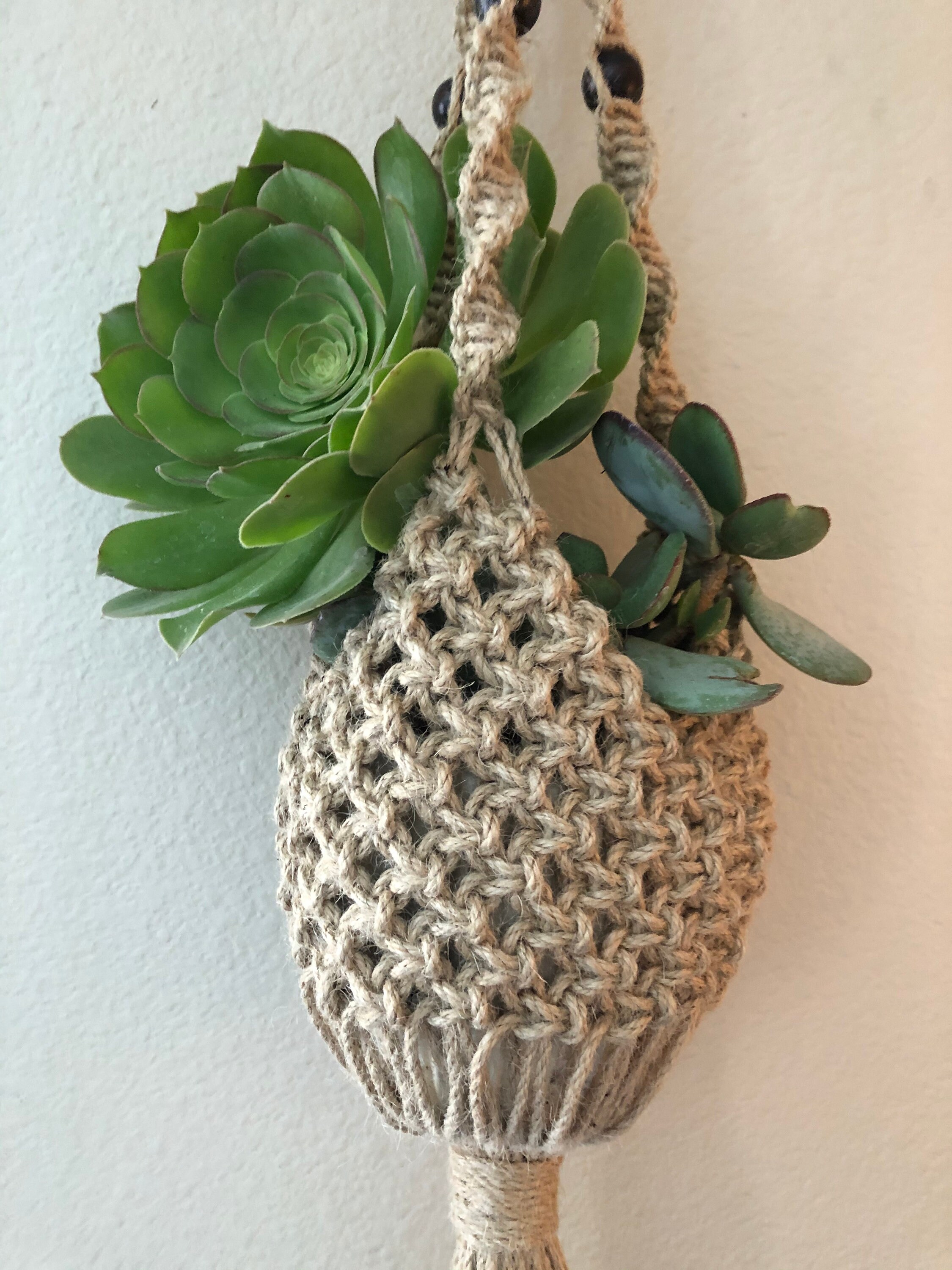 Jute hanging planter with beads comes in grey or tan Etsy