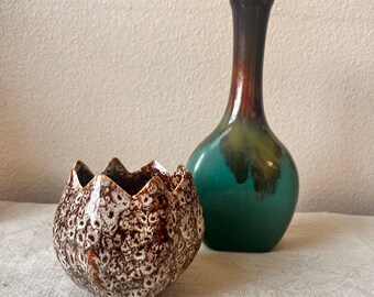 Vintage reactive glaze decorative bud vase in blue and brown color