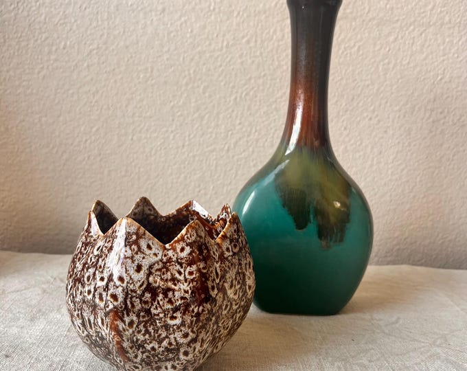 Vintage reactive glaze decorative bud vase in blue and brown color
