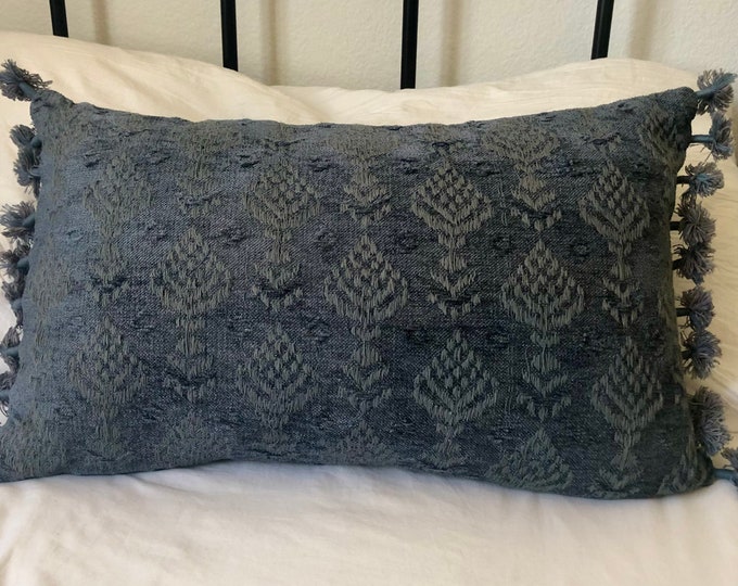 Blue cotton chenille lumbar pillow with tassels and embroidery 20"x 12"