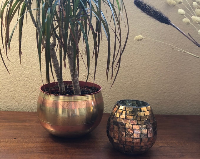 Metal engraved brass and copper toned planter 6 1/4 inch in width by 5 1/2 inch in length