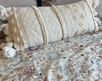 Beige embroidered cotton pillow with gold threading  and fringed border 30 x 14