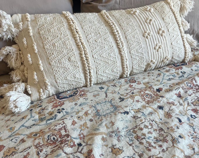 Beige embroidered cotton pillow with gold threading  and fringed border 30 x 14