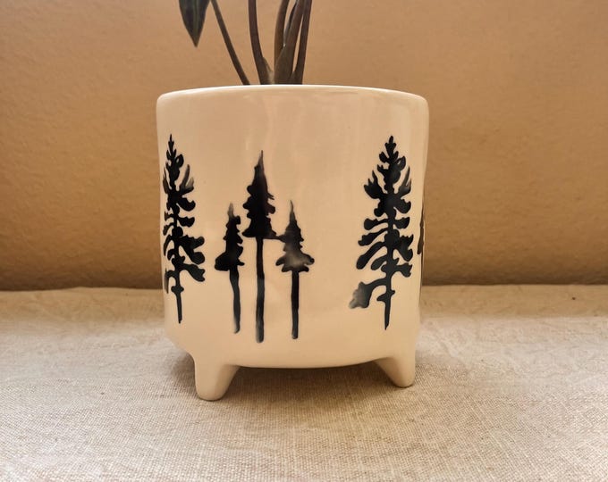 White pot with pine tree silhouette 5.25 x 5