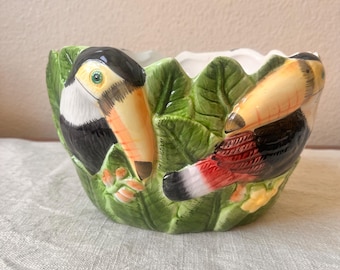 Vintage ceramic pot with Toucan parrot and leaf detailing 9 1/2” x 7” x 5” height