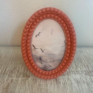 May include: An oval picture frame with a coral-colored, beaded border. The frame contains a print depicting several birds flying through a cloudy, light-colored sky. The frame has a smooth, glossy finish and a double row of raised, spherical beads.