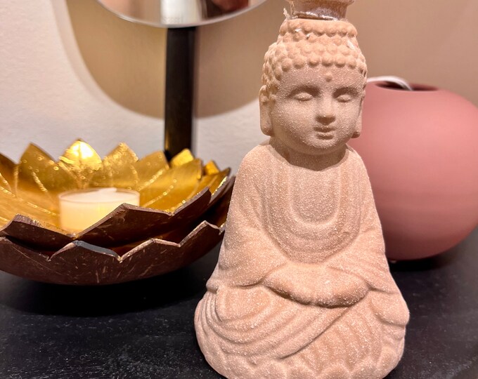 Buddha taper holder, terra-cotta sand finish 3 1/4 inch in length by 3 inch width by 5 inch height