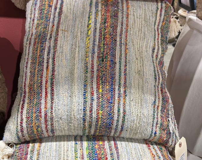 Square 18" hand-woven cotton pillow with chambray back, multi colored stripes & tassels,