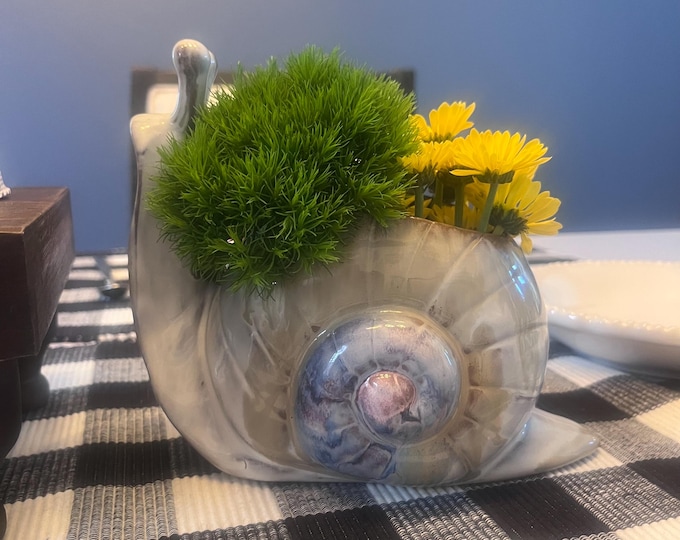 Ceramic snail shaped planter/vase, reactive glaze, multi color blue gray tones. Each one will slightly vary.  7"L x 4"W x 6-1/4"H