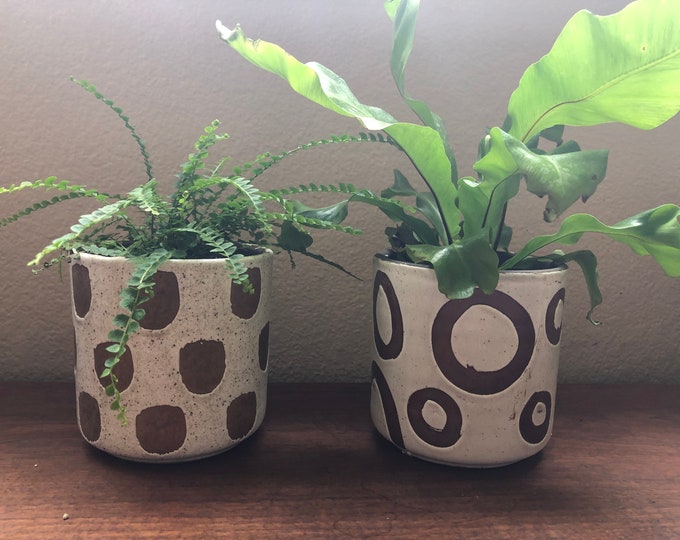 White glaze terra-cotta planter two styles dots and circles