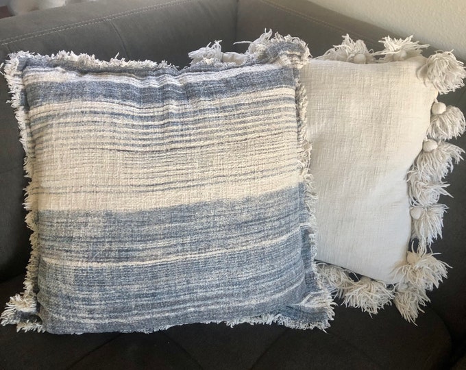 Stonewashed blue woven cotton striped pillow with fringe 20"