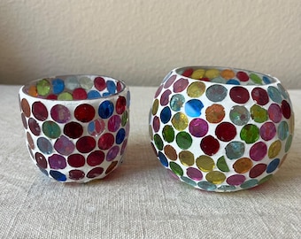 Mosaic multi colored glass votive holder comes in 2 sizes
