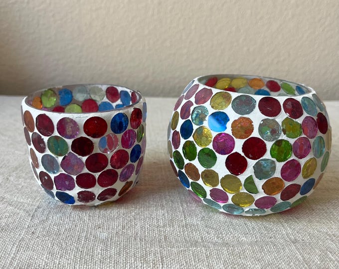 Mosaic multi colored glass votive holder comes in 2 sizes