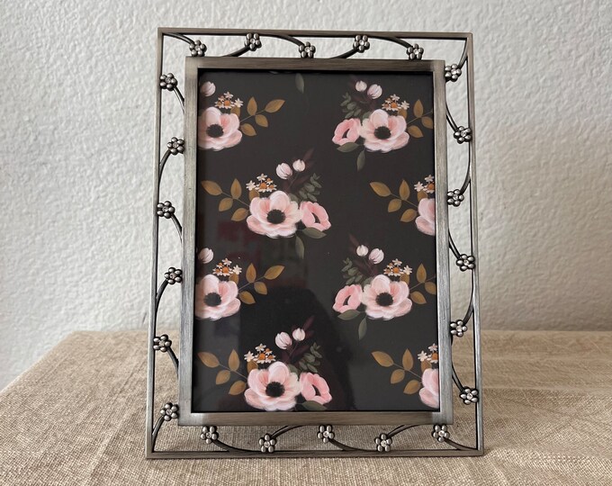 Vintage 5x7 silver frame with floral rhinestone detail