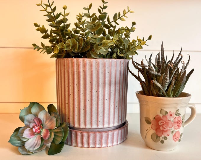 Pink and Lavender ribbed textured terra cotta planter with saucer and drain whole 5"x 5.5"