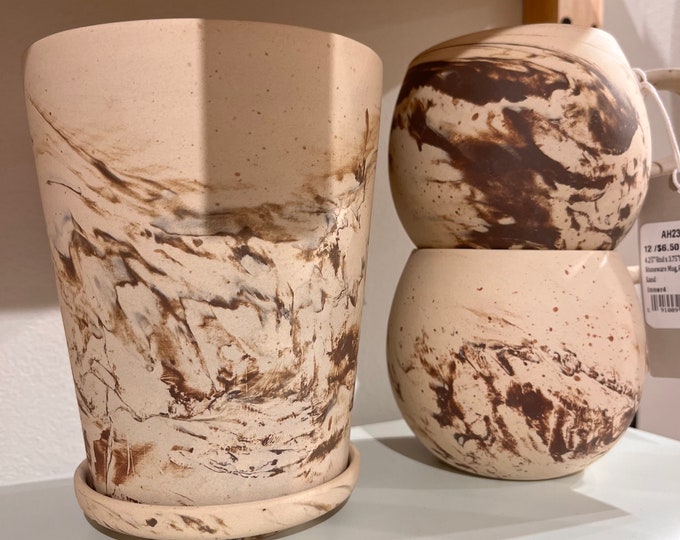 5" Round x 6-1/4"H Stoneware Planter w/ Saucer, Reactive swirl glaze, matte brown and sand