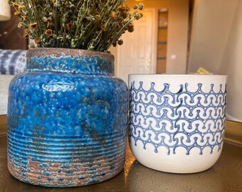 Destress cobalt blue ceramic textured planter 6 1/2” H x 6" round
