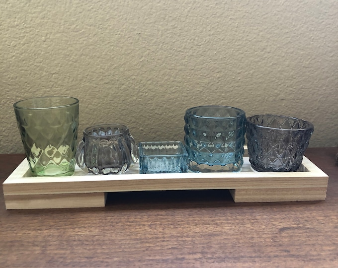 Vintage style set of 5 glass votives on wood tray