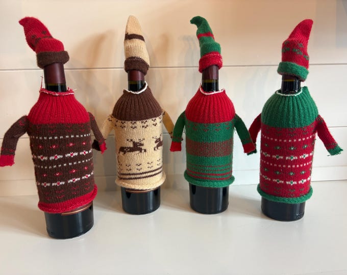Sweater Bottle Topper, Christmas Hat & Sweater Knit Fabric  Set of 4