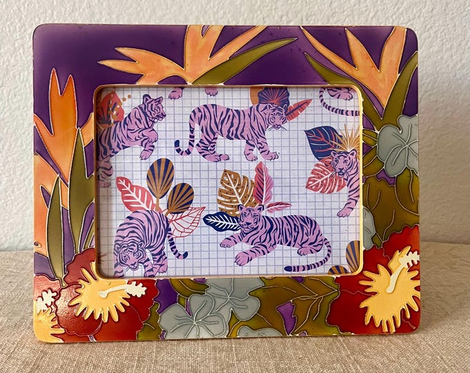Vintage colorful frame 9 1/2 “x 7 1/2” with  floral ornate detail holds a 4 1/2 x 6 1/2 image. Stand only