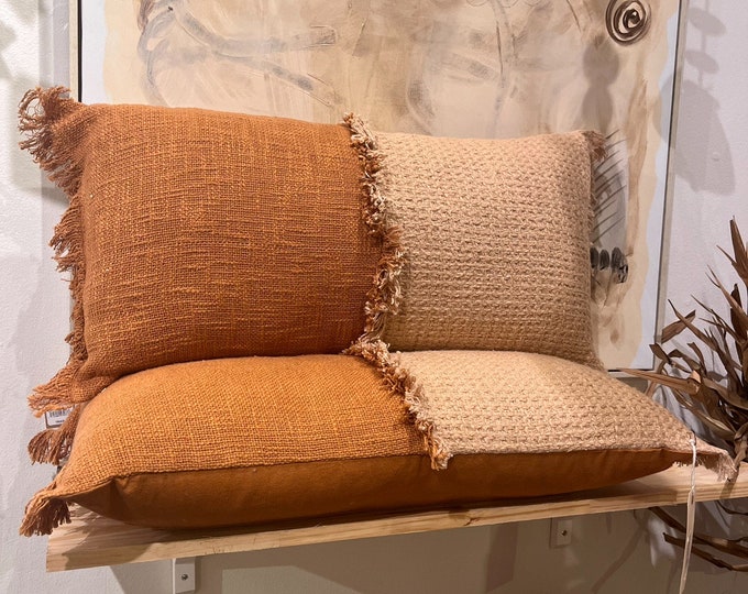 terracotta and taupe lumbar pillow with fringe  28"x14"