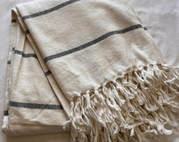 Ultra soft, recycled, cotton, white and gray striped throw with fringe 50 x 60 “