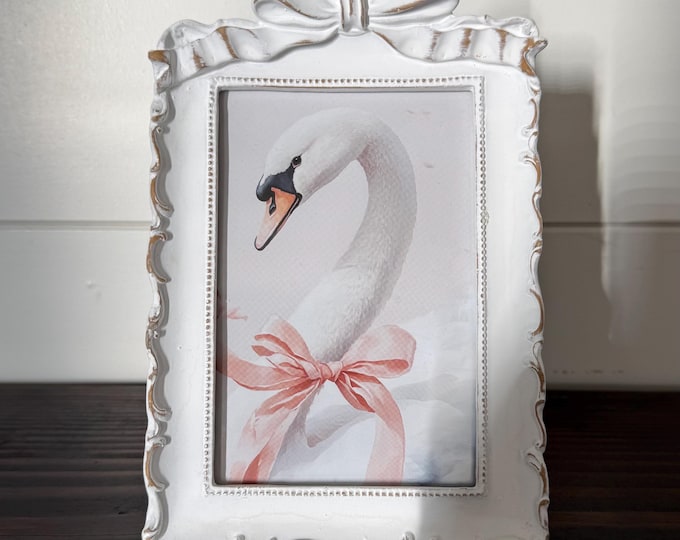 Photo Frame with Bow, Antique White & Gold Finish 5-1/4"W x 8"H. (Holds 4" x 6" Photo)