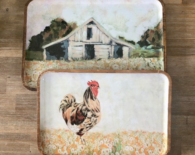 Decorative wood tray with farm house image 13 1/2" x 9" or Rooster image 11 1/2"x 8"
