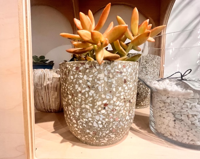 Brown and white terrazzo planter. 5.5"x5"