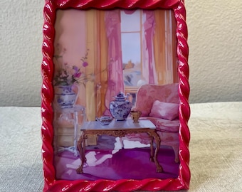 Vintage style hot pink 7 1/2”x 5 1/2” resin frame holds a 6 1/2”x 4 1/2” photo