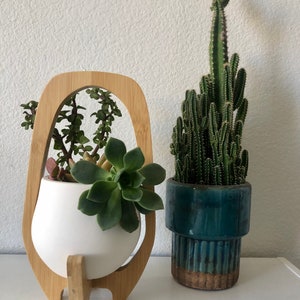 May include: A white ceramic planter held in a light-colored wooden frame containing green succulents, positioned next to a tall, columnar green cactus in a cylindrical, dark teal and brown glazed ceramic pot with a ribbed base design.