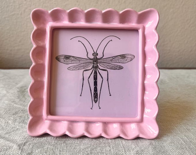 Vintage style pink colored 5 1/4” x 5 1/4” resin frame holda a 4”x4” photo