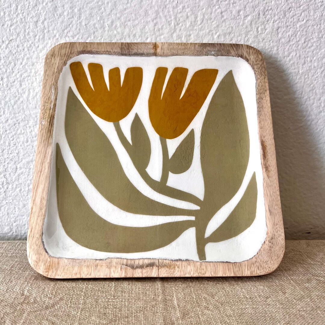Melrose International Floral Etched Mango Wood Tray