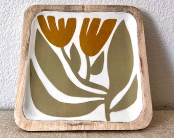 Vintage mango wood tray with enameled floral design 8"x 1/2 "