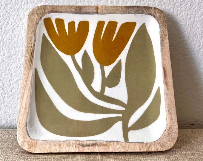 Vintage mango wood tray with enameled floral design 8"x 1/2 "