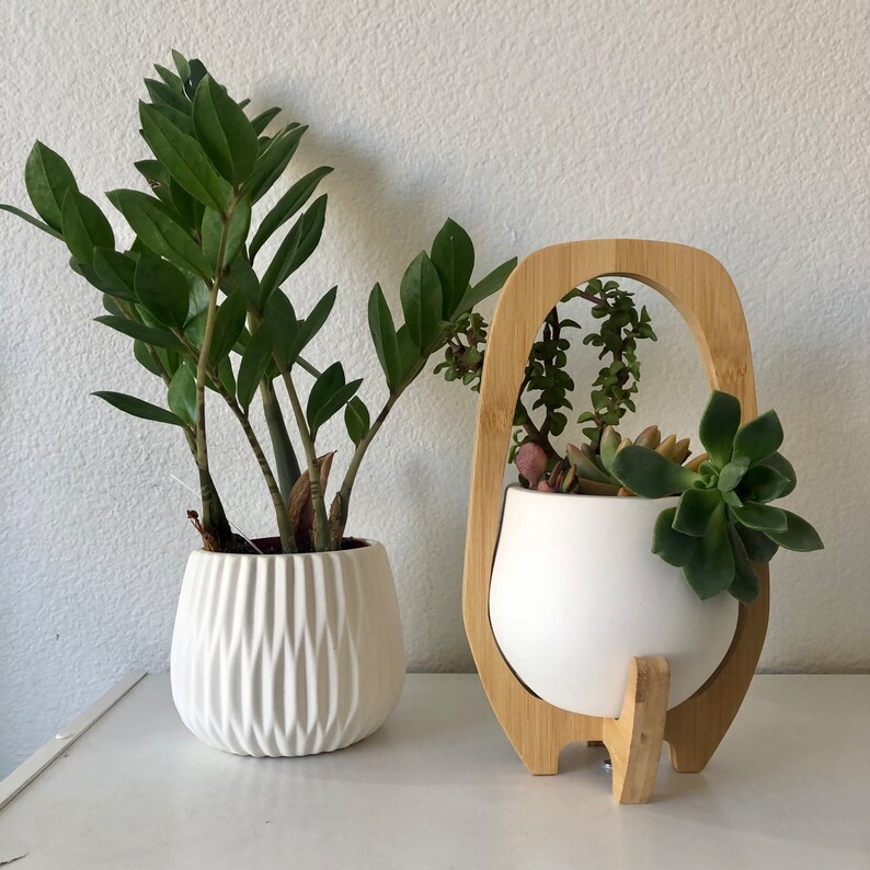 May include: A white ceramic planter with a vertical ribbed texture containing a green Zamioculcas zamiifolia plant, positioned next to a white ceramic bowl planter held within a light-toned bamboo wood frame containing various green succulents.