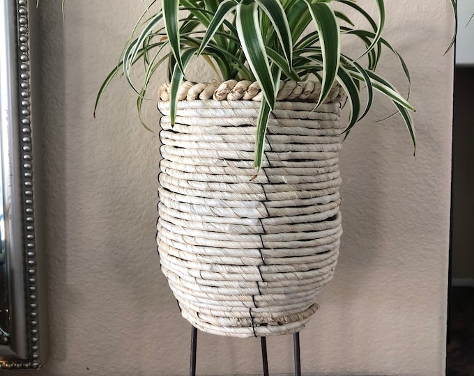 Natural woven rope container with metal legs 6” x 12 1/2