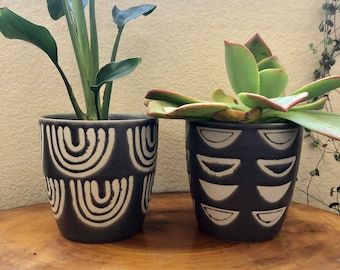 Brown and white Boho Luna and Arches pot 5 inch by 5 inch. No drain holes