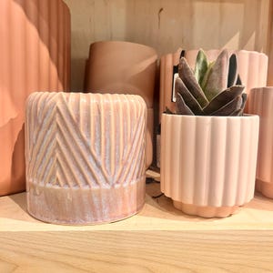 May include: Two ceramic planters in shades of peach and pink. The left planter has a textured chevron design, while the right one is fluted and contains a succulent. Other similar planters are visible in the background.
