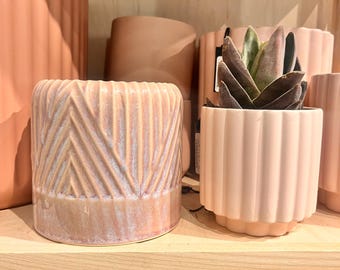 Pink embossed planter with abstract design 5.75"x5.5"